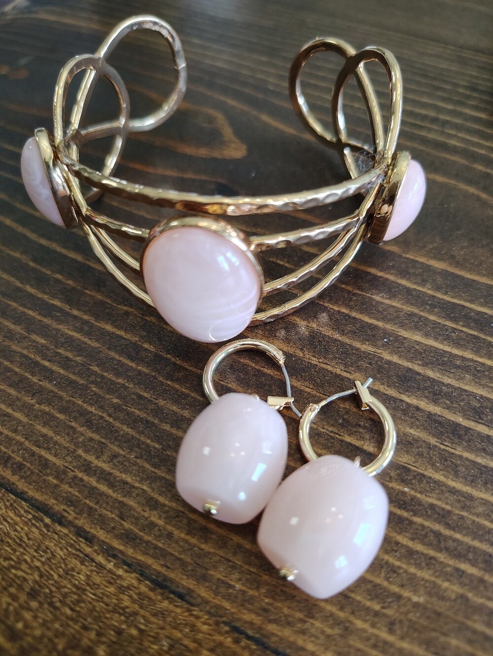 Gold Bracelet and Hoop Earrings Set with Light Pink Stones